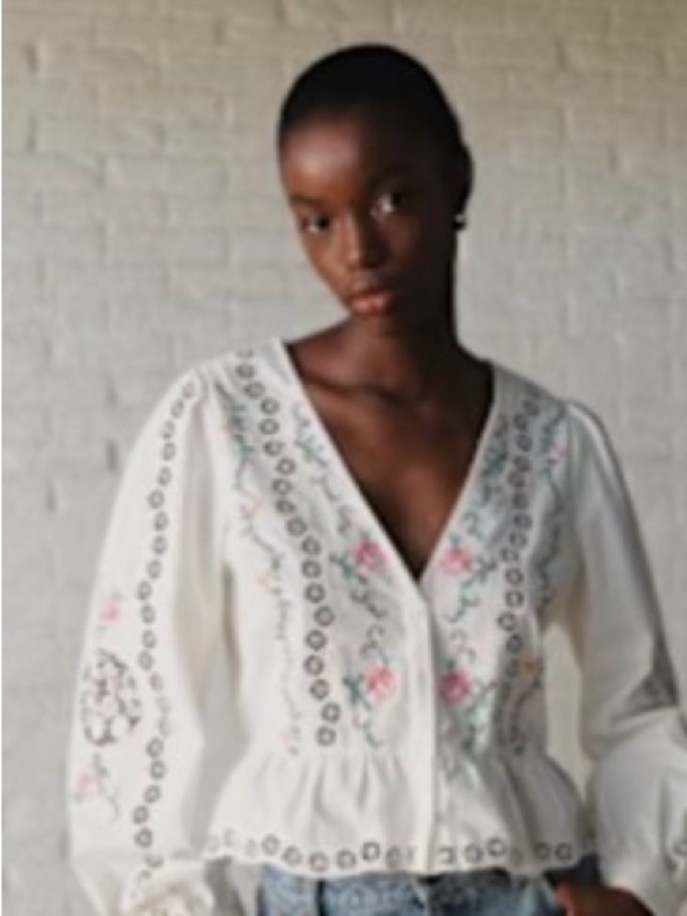Sezane Henria White Embroidered V-Neck Peplum Blouse